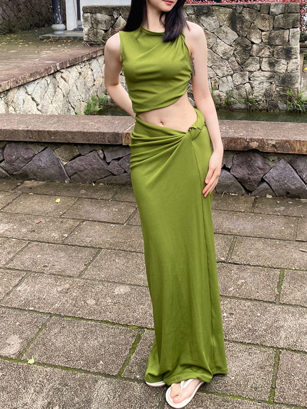 Mustard Green Waist-Revealing Suit for Women, Summer Sleeveless T-Shirt + Pencil Skirt Two-Piece Set, Beach Dress, Seaside Dress