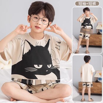 British Lmkl Summer Pajamas Pure Cotton Short-Sleeved Cartoon Kidsren's Baby Boy Air-Conditioned Home Clothes Set