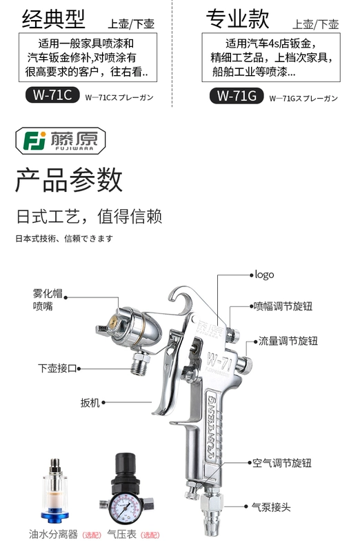 súng phun sơn khí nén Súng phun sơn khí nén Fujiwara W-71 bình xịt phun sơn nguyên tử hóa cao nội thất ô tô nhỏ súng phun sơn kim loại súng sơn f75 đầu phun sơn bằng hơi