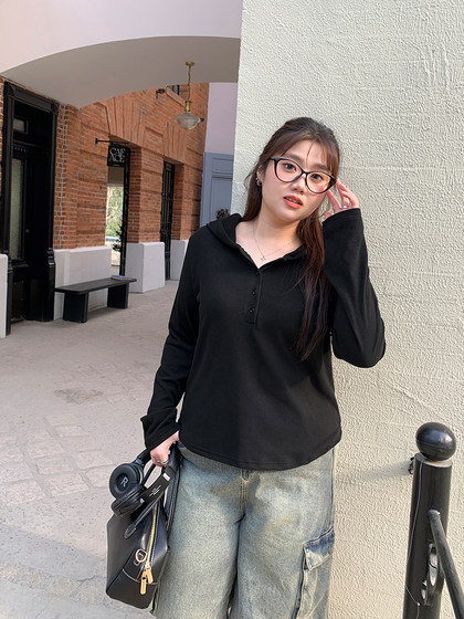 YUZI鱼子露思2.0内搭T恤正肩大码女装微胖mm显瘦遮肉连帽打底衫