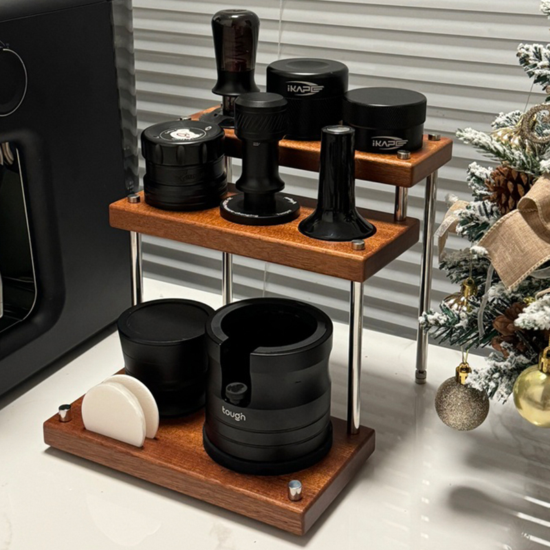 Bomber Series Coffee Bar Storage Rack Walnut Wood Sapele Three-Layer Tamper and Powder Dispenser Organizer