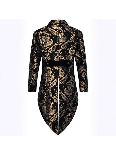 Halloween European and American Fashion Men's Gothic Steampunk Tailcoat Jacket Black Brocade Satin Wedding Coat