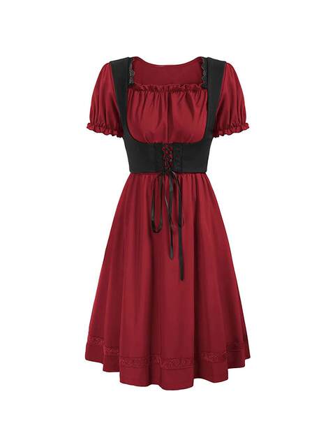 Amazon Retro Renaissance Square-Neck Short-Sleeved Dress Victorian Pastoral Cosplay Dress