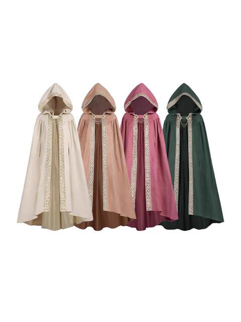 Halloween European and American Style Retro Pastoral Ribbon-Edged Hooded Cape Lace-Up Cloak Anime Costume Role-Playing Outfit