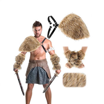 Halloween Men's Viking Costume Medieval Faux Fur Shoulder Fur Sleeve Wraps Cape Shawl