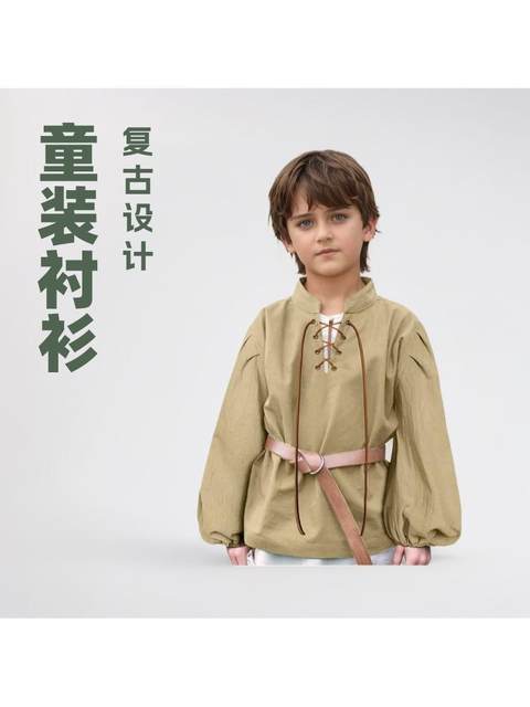 Medieval Stand-Up Collar Children's Shirt for Boys, Lace-Up Pirate Shirt, Viking Style, European and American Retro Renaissance