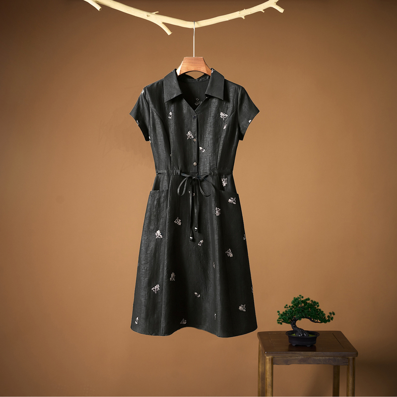 Petite Silk Fragrant Cloud Yarn Polo Collar Shirt Dress for Women, Waist-Cinching Tie, Mulberry Silk Dress, Slimming Dress