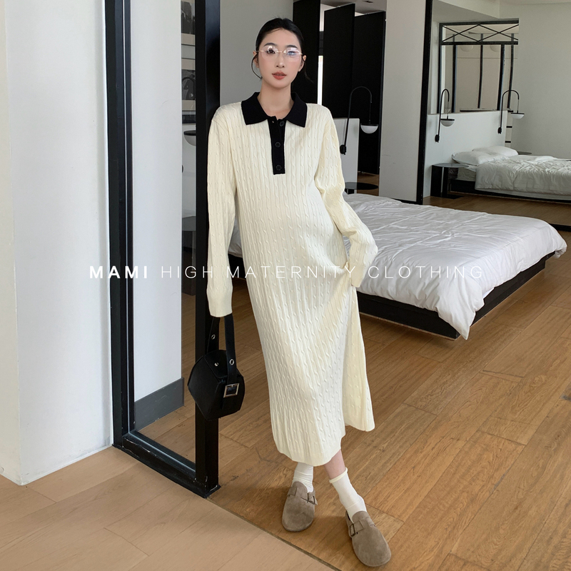 Mami Classy Maternity Wear Spring & Fall 2026 New Loose Slimming Look Contrasting Color Polo Collar Twist Knitted Long Skirt Autumn and Winter Mami Classy Maternity Wear Spring & Fall 2026 New Loose Slimming Look Contrasting Color Polo Collar Twist Knitted Long Skirt Autumn and Winter