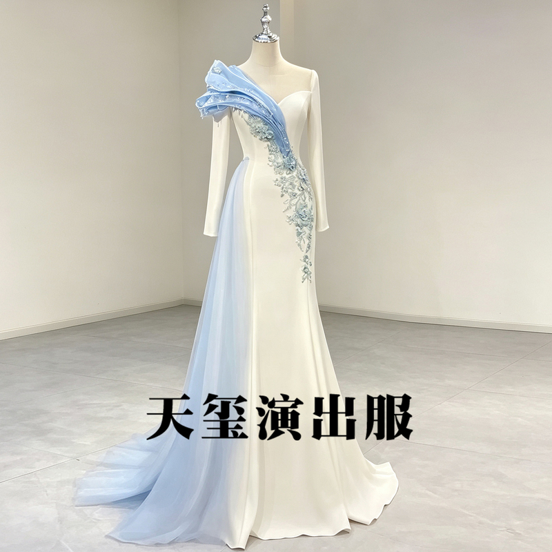 White Evening Dress, Dignified and Elegant, Suitable for Program Hosts, Art Exams, Vocal Solo Performances, Tianxi Performance Costume, New Model