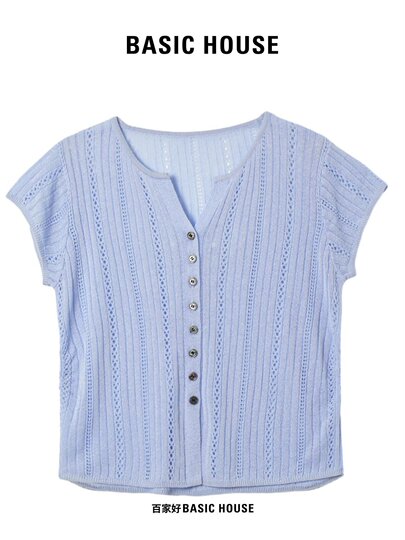 Basichouse Korean Baijiahao Short-Sleeved Women's Summer New Simple Thin High-End Versatile Hollow Knit Top