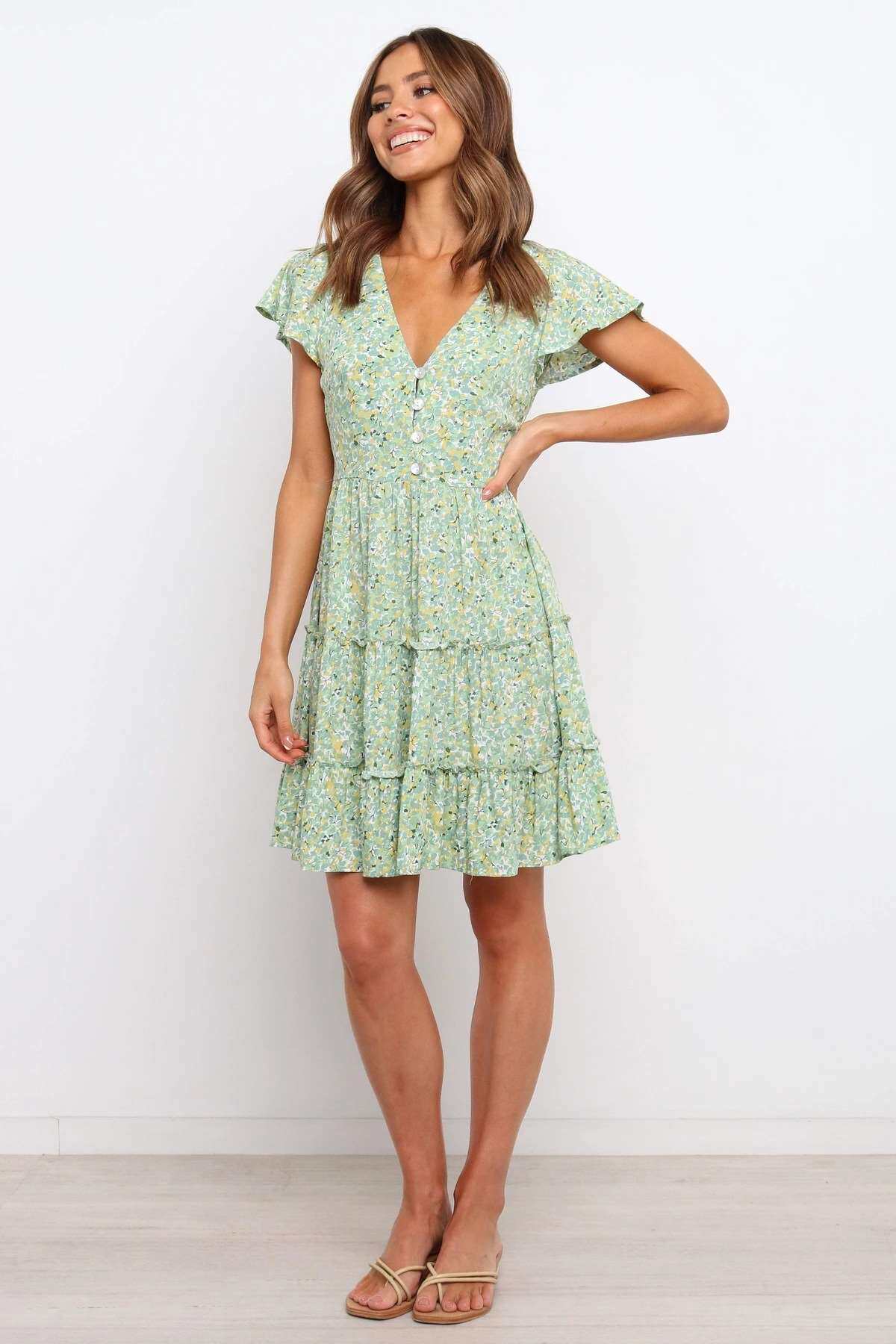 товар из китая women's summer new v-neck flying sleeve pleated dress OTHER