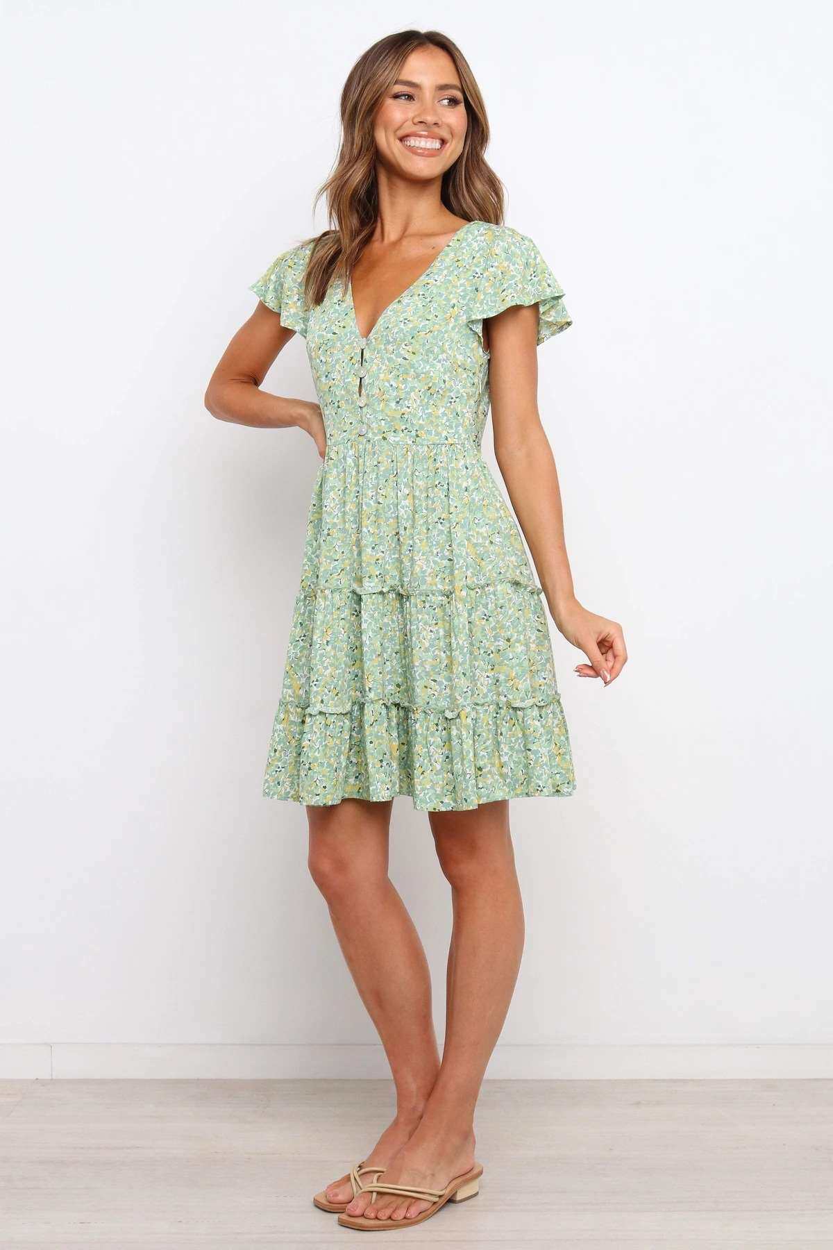 товар из китая women's summer new v-neck flying sleeve pleated dress OTHER