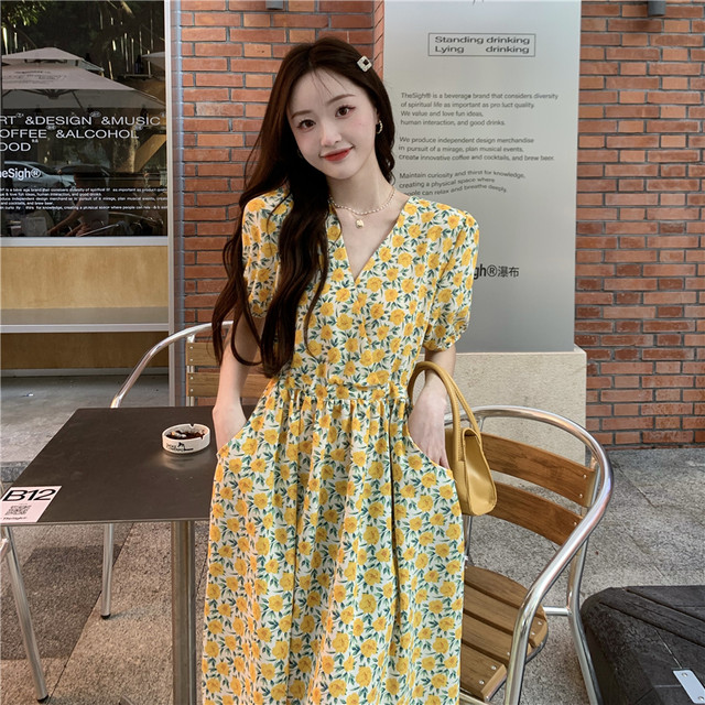 HPZ summer stand collar plate buckle style retro improved cheongsam skirt ແອວສູງ splicing floral temperament floral dress