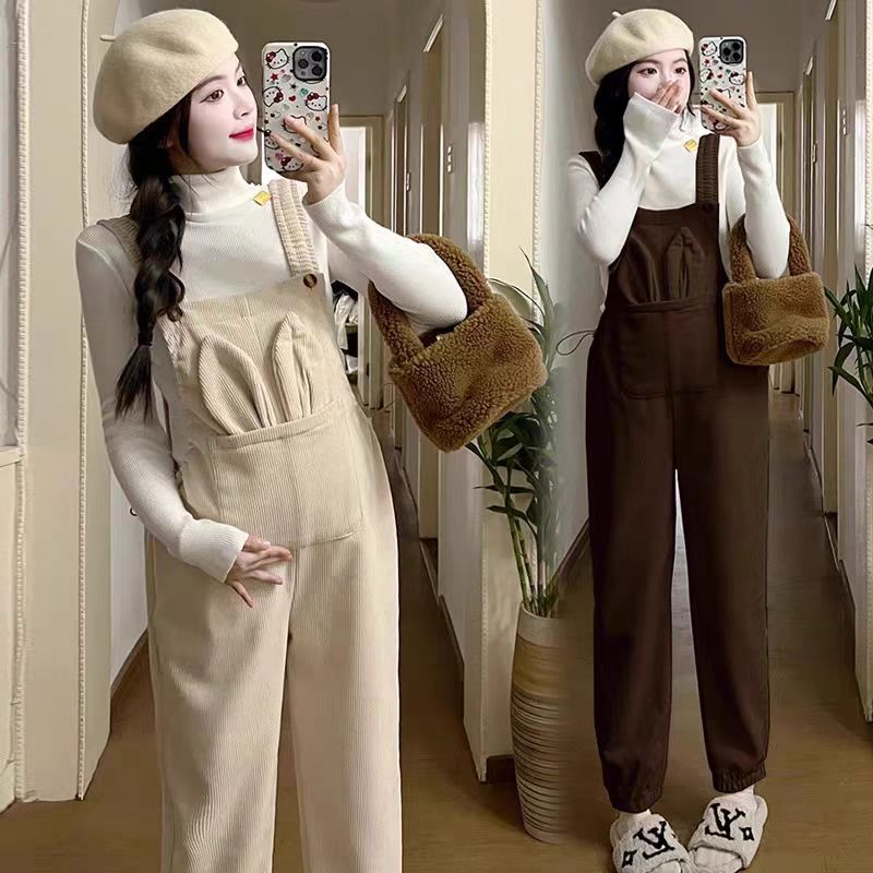2025 Maternity Wear Autumn and Winter Overalls Set Petite Pregnant Mom Casual Loose Fleece-Lined Belly Support Long Pants Two-Piece Set