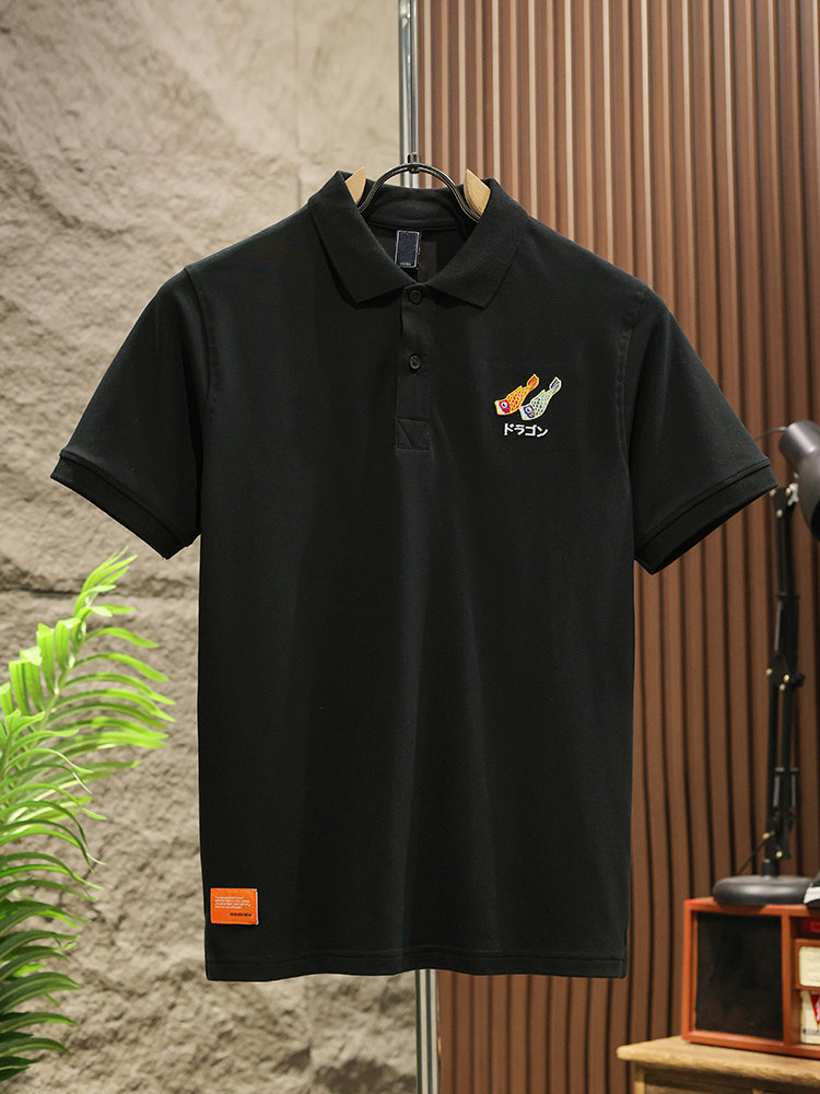 2024 SUMMER JAPANESE KOI EMBROIDERY SHORT SLEEVE POLO SHIRT T-SHIRT MENS COTTON LOOSE PIQUE COTTON TREND TOP
