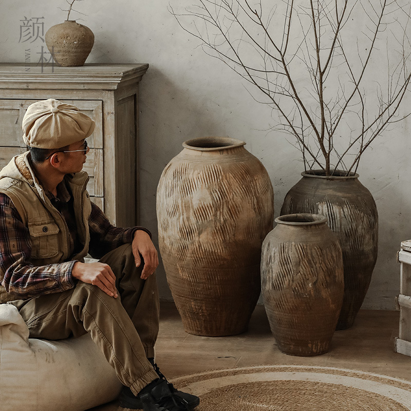 Yanlin Clay Pot, Wabi-Sabi Style Ceramic Vase, Original Clay Pot for Floor Display, Clay Pottery Collection, Handmade Tall Pot