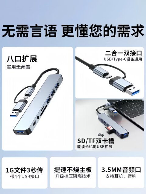 Computer Adapter Extension Multi-Function Hub Sd/Tf Card Reader External Mouse Keyboard Plug Adapter Laptop Connection Extender Eight-In-One Docking Station Type-C Splitter