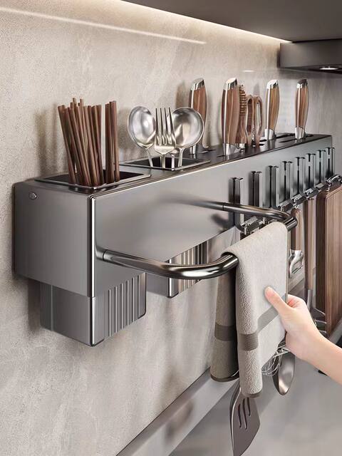 Kitchen Storage Rack with Hooks for Hanging Spoons, Spatulas, and Cooking Utensils, Multifunctional Household Knife Holder, Chopstick Holder, Wall-Mounted Integrated Storage Rack