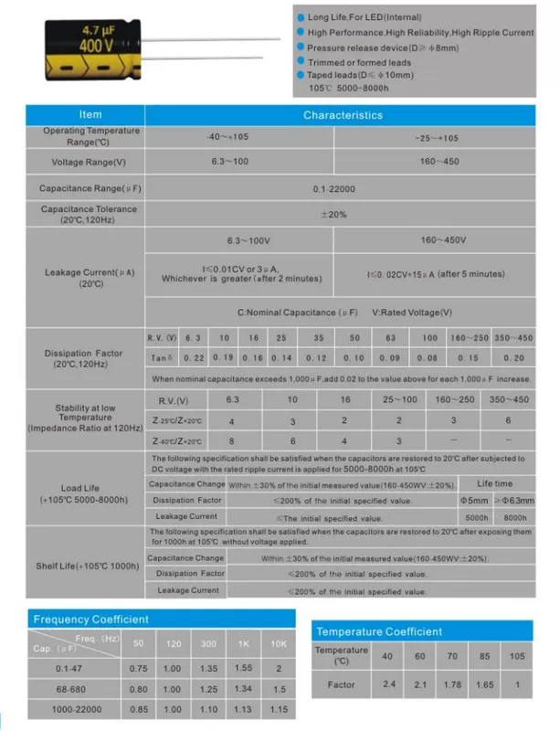 400V cắm trực tiếp tụ điện điện phân nhôm 1/3.3/4.7/6.8/8.2/10/22/33/47/68/100/150UF