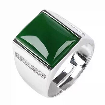 Natural hetian jade jasper ring men's high-end real jade silver ring old material spinach green silver inlaid ring jade ring