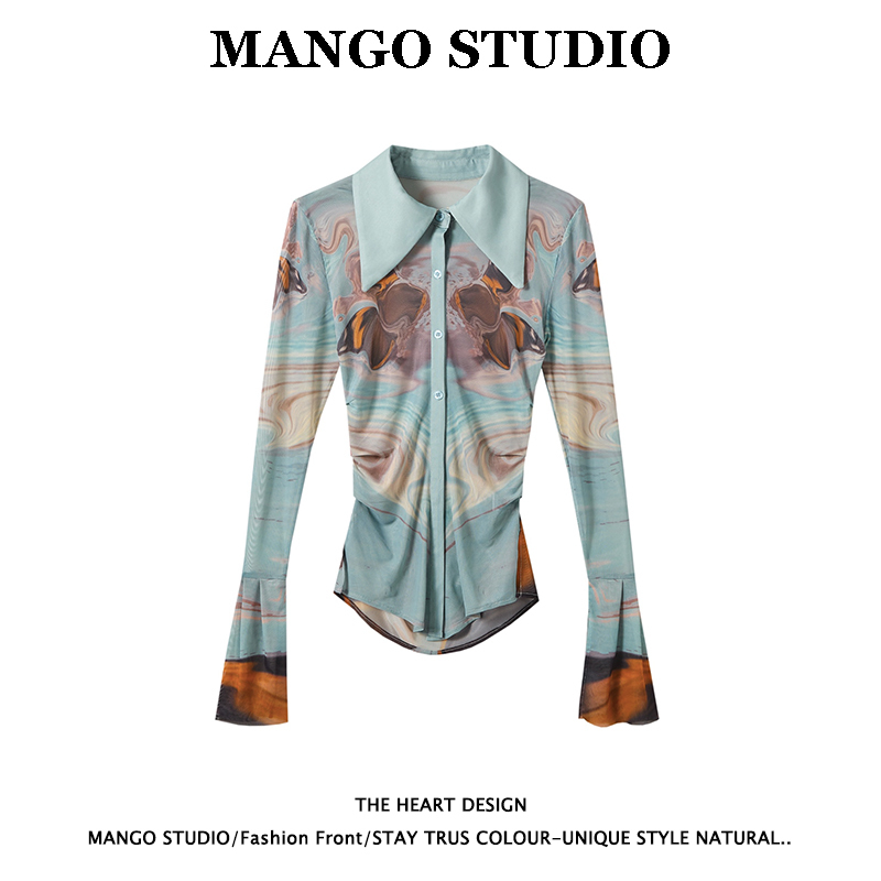 Sexy Hot Girl Elastic Mesh Shirt for Women, Spring and Summer, Pure Desire Waist-Cinching Design, Oil Painting Print, Polo Collar Sun Protection Shirt Sexy Hot Girl Elastic Mesh Shirt for Women, Spring and Summer, Pure Desire Waist-Cinching Design, Oil Painting Print, Polo Collar Sun Protection Shirt