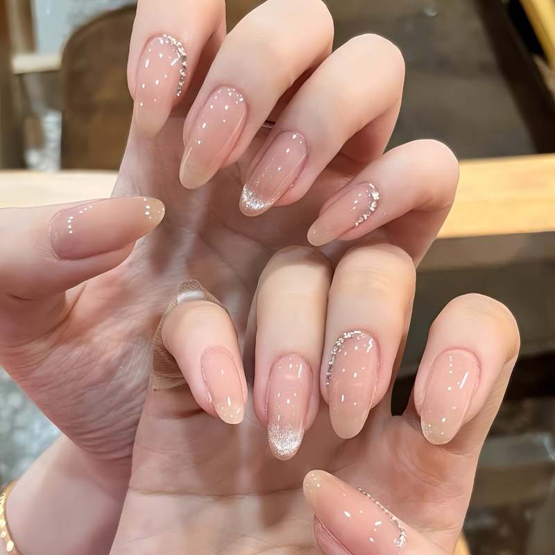 Artistic Handmade Nails in Pure Nude Color, Similar to Zhen Huan's Style, Brightening Solid Color Oval Almond Medium-Length Nail Patches