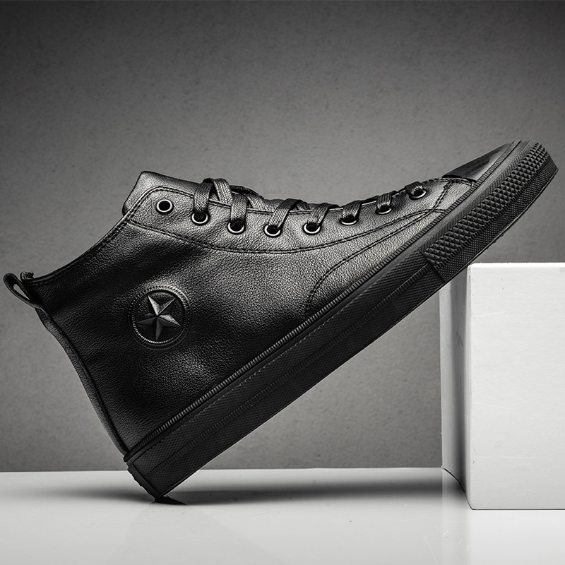 2021 Winter Genuine Leather Men High Cylinder Shoes Slim Version Men's Shoes 100 Hitch European Station Men's Boots Board Shoes Casual Midbarrel Leather Shoes