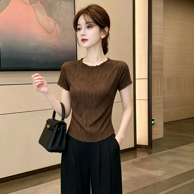 Korean Style Round Neck Hollow Lace Jacquard Short-Sleeved T-Shirt, New Summer Product, Simple, Slimming, Versatile, Age-Reducing, Elegant Top Korean Style Round Neck Hollow Lace Jacquard Short-Sleeved T-Shirt, New Summer Product, Simple, Slimming, Versatile, Age-Reducing, Elegant Top