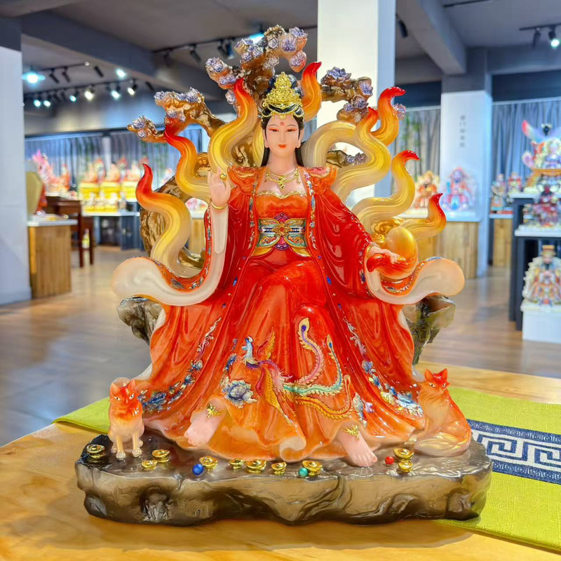 White Marble Statue of the Nine-Tailed Fox Empress, Female Fox Goddess of Qingqiu, Nine-Tailed Empress, Nine Sisters, Real-Life Statue for Worship and Display