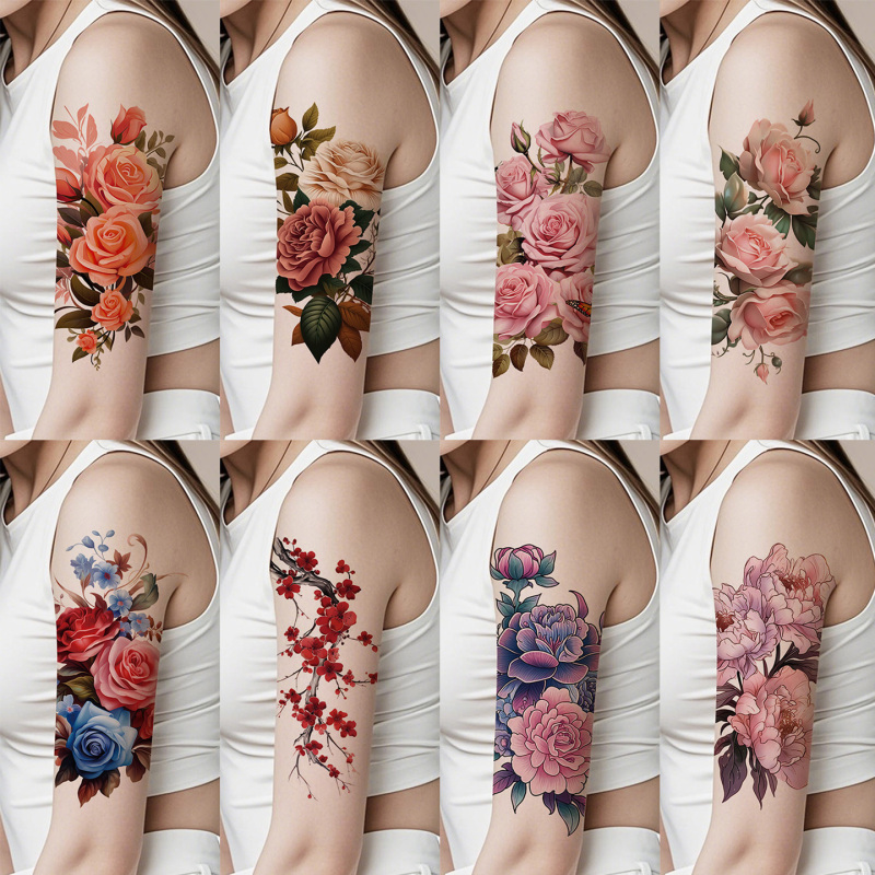 8 Colorful Tattoo Stickers, Long-Lasting and Waterproof, Realistic Fake Tattoos for Women, High-End Floral Arm and Thigh Scar Cover-Up Designs