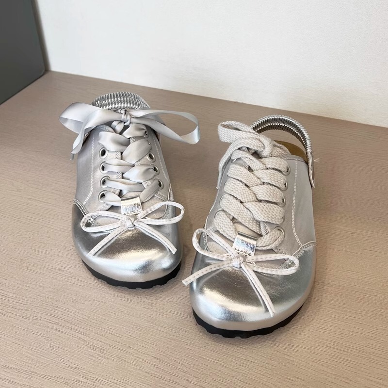 Bow-Knot Silver Thick-Soled Two-Way Birkenstock Shoes for Women, Cork-Soled Closed-Toe Retro Birkenstock Shoes, Genuine Leather Outdoor Sandals