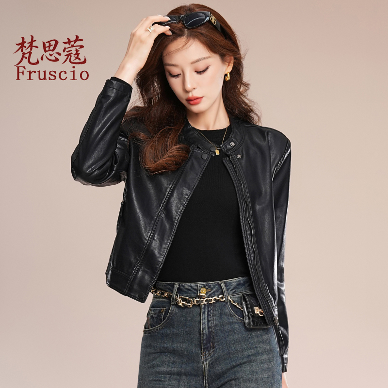 Fruscio Women's Sheepskin Leather Jacket, New Spring and Autumn Motorcycle Style, Genuine Leather Jacket with Stand Collar, Short Coat