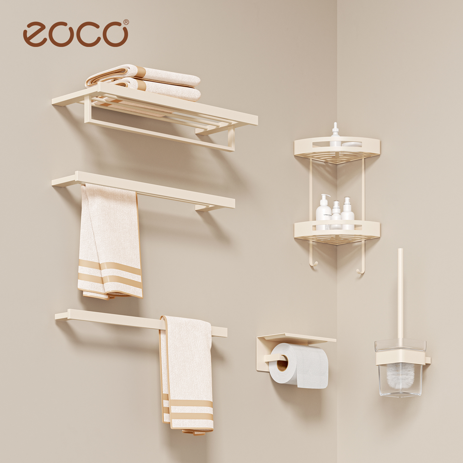 eoco Milk White Bath Towel Rack Towel Bar Contained Shelf Toilet Brushed Stainless Steel Hardware Bathroom Pendant Suit-Taobao
