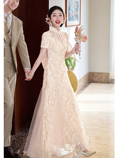香槟色旗袍敬酒服2026新款高级感新中式新娘订婚结婚礼裙蕾丝绝美