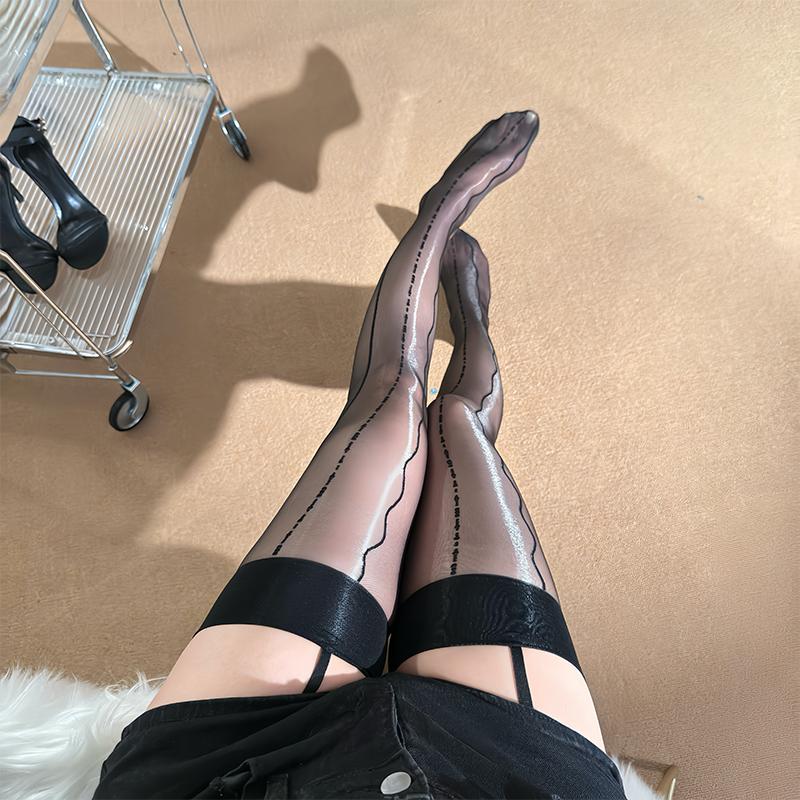 Sexy Electric Wave Vertical Stripe Thigh-High Stockings for Women, Lace Jacquard Suspender Integrated Stockings, Ultra-Thin Over-The-Knee Glossy Silky Black Stockings