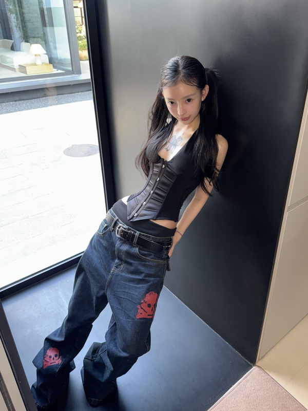 American Street Style Chinese Character Skull Print Jeans Unisex Commuter Washed Niche Design Loose Straight-Leg Pants
