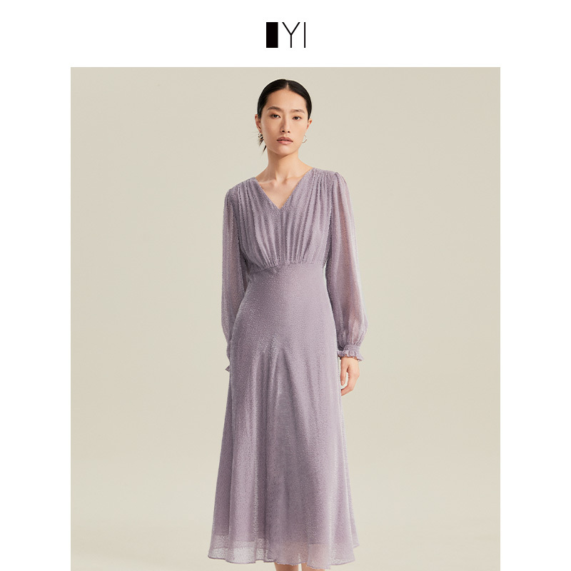 [Same Style as in Shopping Malls] Yi Yi Zhen Purple Velvet Burnt Floral V-Neck Waist-Cinching Mid-Length Dress