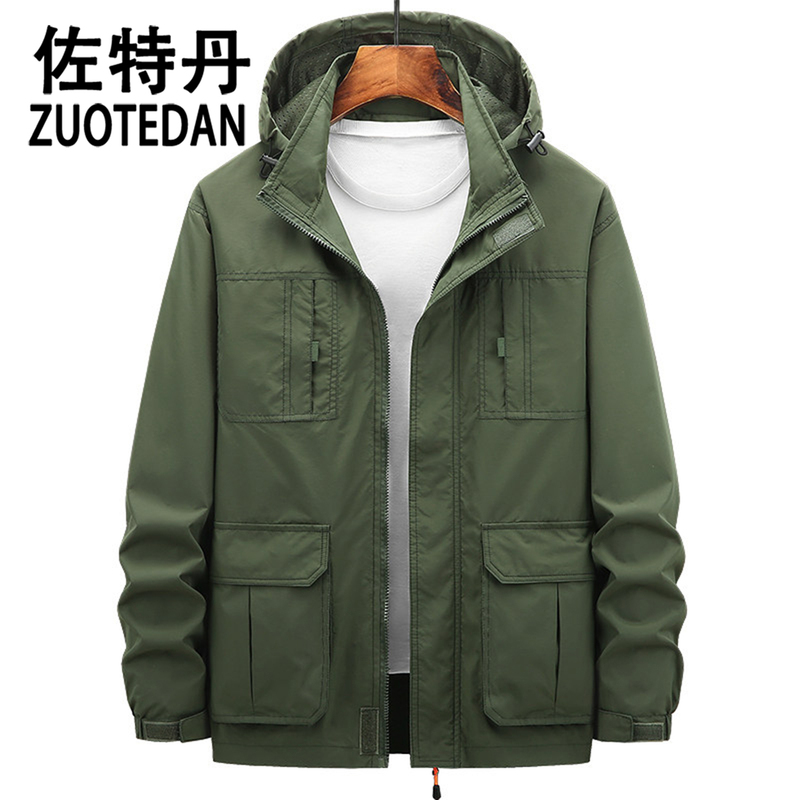 Zotdan's New Multi-Pocket Work Jacket, Spring and Autumn Mid-Length Windbreaker, Men's Casual Loose Top