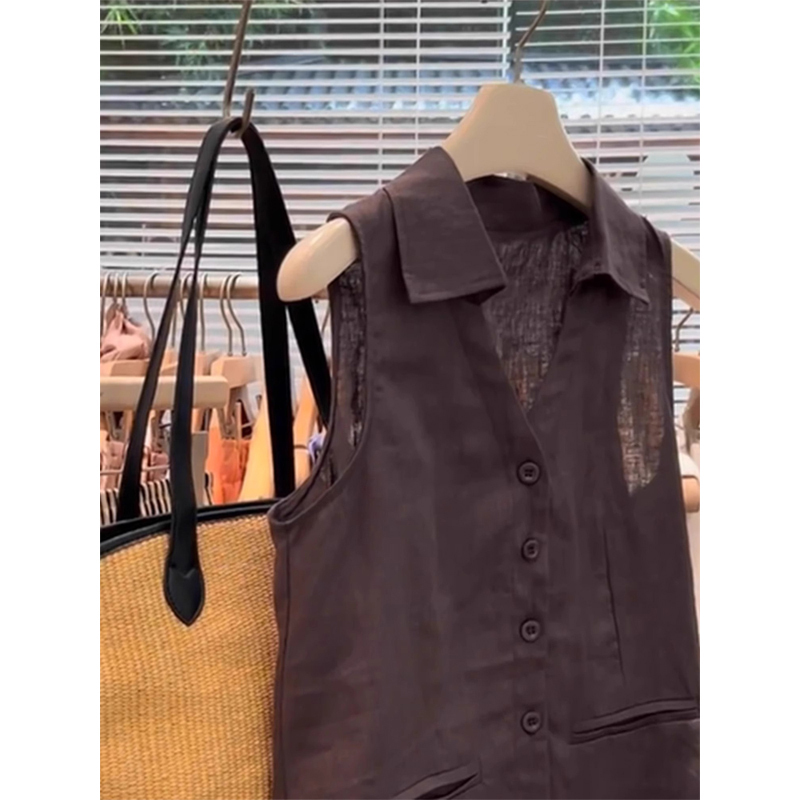 Korean Retro Ramie Sleeveless Vest for Women 2025 New Polo Collar Linen Top High-End Cotton-Linen Coffee-Colored Vest