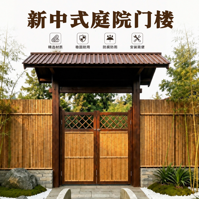 Outdoor Anti-Corrosion Wooden Gatehouse, Farmhouse Courtyard Gatehouse, Scenic Area Entrance, Villa Bamboo Fence, Homestay Small Yard Gatehead