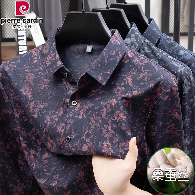 Pierre Cardin Men's Mulberry Silk Floral Trendy Shirt Men's Long-Sleeved High-Elasticity No-Iron Middle-Aged Fashion Casual Shirt