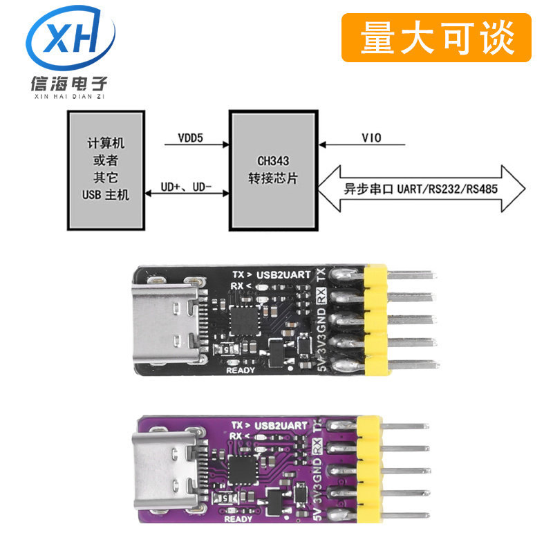 USB转TTL/UART USB转高速异步串口单片机下载器CH343模块