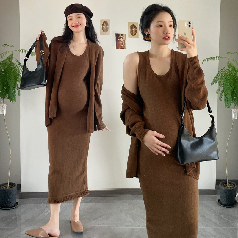 Gestational dress for gestational women Pregnancy Woman Dress Autumn winter knit stream Sulian dress Dress Temperament Sweatshirt Jacket Korean version Two suits-Taobao