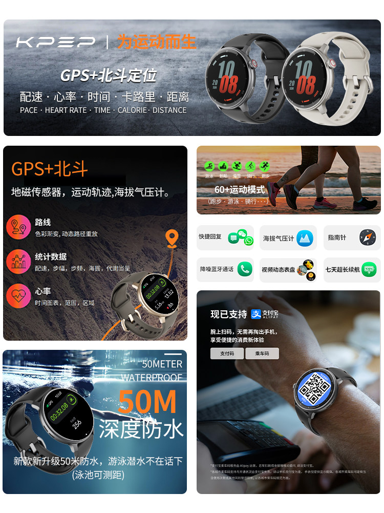 Kpep Professional Sports Watch for Marathon, Outdoor Running, Cycling, Mountaineering, Gps, Beidou, Sports Tracking, Swimming, 50m Waterproof Smart Watch, Alipay Offline Payment, Transportation Code