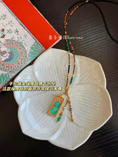 Morning Light·Green Tara｜Tibetan Ethnic Style Women's Protective Hand-Painted Thangka Necklace Chinese Sweater Chain for Women