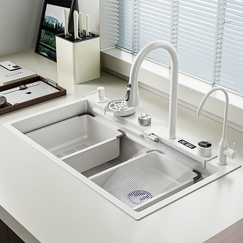 White Flying Rain Falls Sink Large Single Groove Handmade Nano 304 Stainless Steel Wash Vegetable Basin Kitchen Dishwashing Basin-Taobao