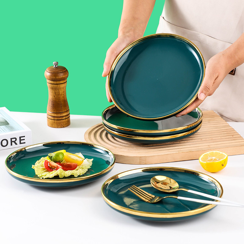 Emerald Green Ceramic Plates Set – Dinner Dishes for Steak, Breakfast, Dessert & Fruit – Home Kitchen Dinnerware Combination