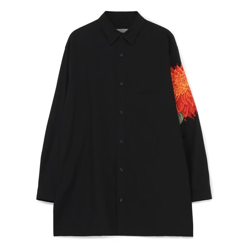 Red Dahlia Flower Embroidered Shirt, Japanese Style, Dark, Loose, Versatile Long-Sleeve Shirt, Unisex Red Dahlia Flower Embroidered Shirt, Japanese Style, Dark, Loose, Versatile Long-Sleeve Shirt, Unisex