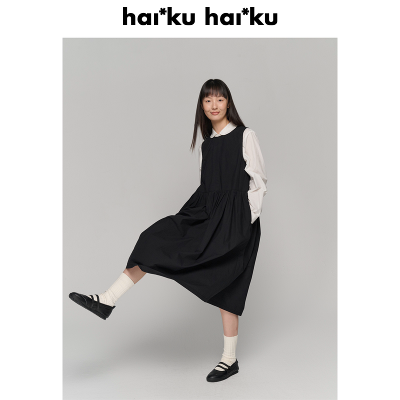 Haiku Haiku Classic Japanese-Style Tuck Pleats! Lightweight, Large Skirt, Pure Cotton, Round Neck, Sleeveless Tank Dress