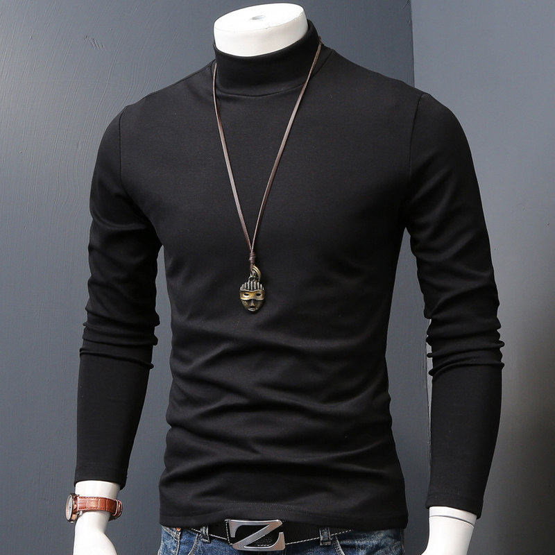 Mid-half turtleneck bottoming shirt men's long-sleeved T-shirt solid color autumn and winter thickened T-shirt men's wear black